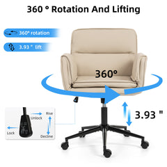 Criss Cross Chair with 5-Gear Adjustable Armrests & Wheels, Ergonomic Thickened Backrest Swivel Desk Chair for Home Office, Vanity, Bedroom and Living Room, Beige Pu