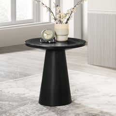 Unique Cone Base Pedestal Round End Table Contemporary Style Rubberwood Structure Black Finish