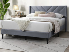 Elegant Modern Full Size Bed Clean Lines Design Headboard 1pc Gray Velvet Upholstered Bedframe