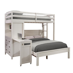 Contemporary Style Twin Over Full Bunk Bed 3-Drawers Cabinets Open Shelf Attached Ladder Built In Desk White Finish Bedroom Furniture