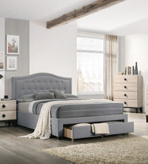 Light Grey Burlap Fabric 1pcs Queen Size Bed w Drawer Button Tufted Arch Design Headboard Storage FB Bedframe Bedroom Furniture