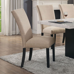 Gorgeous Marble Top Table w 6x Side Chairs Beige Fabric Upholstered Chair Dining Room 7pc Set Black Wooden Furniture