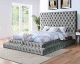 Contemporary Style Fully Upholstered Frame Gray Color 1pc King Size Bed Tufted Oversized Headboard Bedroom Furniture Platform Bed