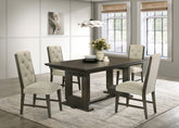 5pc Rectangular Extendable 18" Leaf Dining Table Trestle / Pedestal Base Beige Fabric Upholstered Button Tufted Chairs Wooden Dining Room Furniture Contemporary Modern Espresso Dark Brown Finish
