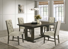 5pc Rectangular Extendable 18" Leaf Dining Table Trestle / Pedestal Base Beige Fabric Upholstered Button Tufted Chairs Wooden Dining Room Furniture Contemporary Modern Espresso Dark Brown Finish