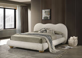 White And Natural Oak Color 1pc King Size Bed Boucle Upholstered Round Bun Wood Feet Bedroom Furniture
