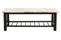 Contemporary 3pc Occasional Table Set Faux Marble Top Antique Walnut 1x Coffee Table 2x End Tables Open Storage Living Room