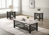 Contemporary 3pc Occasional Table Set Faux Marble Top Antique Walnut 1x Coffee Table 2x End Tables Open Storage Living Room