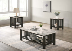 Contemporary 3pc Occasional Table Set Faux Marble Top Antique Walnut 1x Coffee Table 2x End Tables Open Storage Living Room