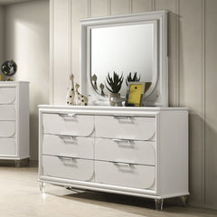 Contemporary Glam Pearl White 1pc Dresser Acrylic Handles Embossed Panels English Dovetails Hidden Jewelry Drawers Dresser
