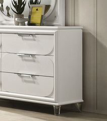 Contemporary Glam Pearl White 1pc Dresser Acrylic Handles Embossed Panels English Dovetails Hidden Jewelry Drawers Dresser