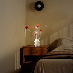 Aluminum 4 Red Roses 6 Petal Floral 2 Red/Silver Flower Bud On A 4 Squared Modern Hexagona Chrome Vase Table Lamp for Living Room, Nightstand Bedside Table Lamp for Bedroom, LED Lamp