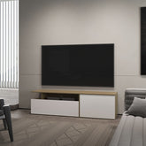 FM FURNITURE Dilkon TV Stand with Drop-Down Door. Hinged Door. Open Shelves.Cable Management. Natural Oak and White