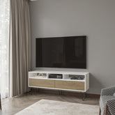 Olds TV Stand with 2 Doors and Open Storage, White and Natural Oak