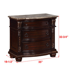 1pc Marble Top Three Drawers Nightstand Intricate Moldings Beautifully Curved Silhouette Brown Dark Cherry Finish Bedroom Solid Wood Furniture