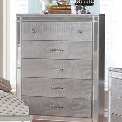 Contemporary Style 1pc Chest Crocodile Texture Chrome Round Knobs Bar Pulls w/ Crystals Silver Finish Bedroom Furniture