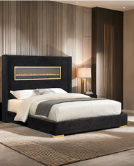 Contemporary Style Black Color 1pc Queen Size Bed Upholstered Fabric Bedframe Bedroom Furniture 3D Fireplace HB