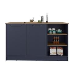 Kronos Blue and Natural Oak Kitchen Island with 2 Doors and Open Storage