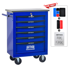 6 Drawers Multifunctional Tool Cart with Wheels,Metal Rolling Tool Cart Storage for Garage Workshop Warehouse Repair Shop--With Stainless Steel Roof- BLACK&BLUE