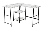 Computer Desk, Home Office, Corner, Storage Shelves, 48"l, L Shape, Work, Laptop, White Marble Look Laminate, Black Metal, Contemporary, Modern