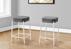 Barstool, Counter Height, Set Of 2, Kitchen, Grey Fabric, White Metal, Contemporary, Modern