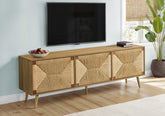 Tv Stand, 72 Inch, Media Entertainment Center, Storage Cabinet, Console, Walnut Laminate, Natural Seagrass, Mid Century, Modern