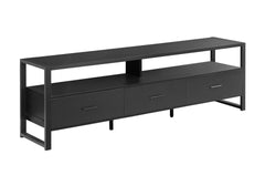 Tv Stand, 72 Inch, Media Entertainment Center, Storage Drawers, Black Laminate, Black Metal, Contemporary, Modern