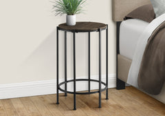 Accent Table, End, Round, Side Table, Small, Lamp, Living Room, Bedroom, Nightstand, Dark Oak Laminate, Black Metal, Contemporary