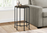 Accent Table, End, Round, Side Table, Small, Lamp, Living Room, Bedroom, Nightstand, Dark Oak Laminate, Black Metal, Contemporary