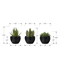 Artificial Plant, 6" Tall, Succulent, Indoor, Faux, Fake, Table, Greenery, Potted, Set Of 3, Decorative, Green Plants, Black Pots