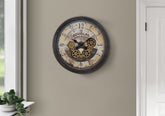 Clocks, 20" Round, Gear Mechanism, Wall Clock, Brown, Transitional
