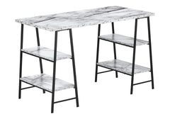 Computer Desk, Home Office, Laptop, Storage Shelves, 48"l, Work, White Marble Look Laminate, Black Metal, Contemporary, Modern