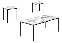 Table Set, 3pcs Set, Coffee, End, Black Metal, White Marble Look Laminate, Contemporary, Modern