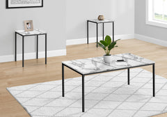 Table Set, 3pcs Set, Coffee, End, Black Metal, White Marble Look Laminate, Contemporary, Modern