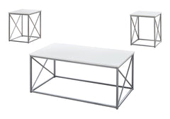 Table Set, 3pcs Set, Coffee, End, Side, Accent, Living Room, White Laminate, Grey Metal, Contemporary, Modern