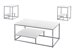 Table Set, 3pcs Set, Coffee, End, Side, Accent, Living Room, White Laminate, Grey Metal, Contemporary, Modern