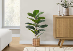 Artificial Plant, 28" Tall, Fiddle Tree, Indoor, Faux, Fake, Floor, Greenery, Potted, Real Touch, Decorative, Green Leaves, Beige Woven Basket