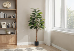 Artificial Plant, 52" Tall, Rubber Tree, Indoor, Faux, Fake, Floor, Greenery, Potted, Real Touch, Decorative, Green Leaves, Black Pot