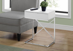 Accent Table, Side, End, Nightstand, Lamp, Storage Drawer, Living Room, Bedroom, Glossy White Laminate, Chrome Metal, Contemporary, Modern