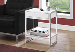 Accent Table, Side, End, Nightstand, Lamp, Storage Drawer, Living Room, Bedroom, Glossy White Laminate, Chrome Metal, Contemporary, Modern