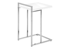 Accent Table, C-shaped, End, Side, Snack, Living Room, Bedroom, Glossy White Laminate, Chrome Metal, Contemporary, Modern