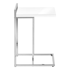 Accent Table, C-shaped, End, Side, Snack, Living Room, Bedroom, Glossy White Laminate, Chrome Metal, Contemporary, Modern