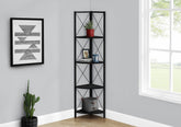 Bookshelf, Bookcase, Etagere, Corner, 4 Tier, 60"h, Office, Bedroom, Black Laminate, Black Metal, Contemporary, Modern