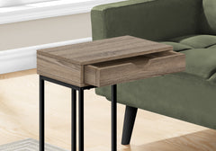 Accent Table, C-shaped, End, Side, Snack, Storage Drawer, Living Room, Bedroom, Brown Laminate, Black Metal, Contemporary, Modern