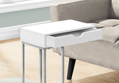 Accent Table, C-shaped, End, Side, Snack, Storage Drawer, Living Room, Bedroom, White Laminate, Grey Metal, Contemporary, Modern