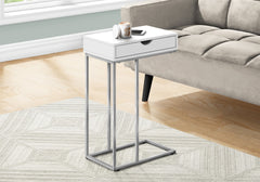 Accent Table, C-shaped, End, Side, Snack, Storage Drawer, Living Room, Bedroom, White Laminate, Grey Metal, Contemporary, Modern