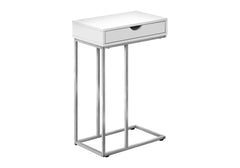 Accent Table, C-shaped, End, Side, Snack, Storage Drawer, Living Room, Bedroom, White Laminate, Grey Metal, Contemporary, Modern