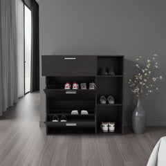 Shoe Rack 39.6" H, 2 Doors, 1 Drawer, 3 Shelves, Black Wengue - Bedroom