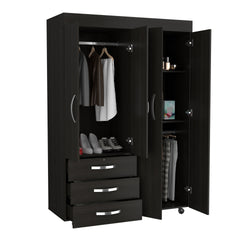 Hamilton Mobile Armoire, 4-Doors Cabinet, Three Drawers, Rods, Four Shelves, Black Wengue - Bedroom