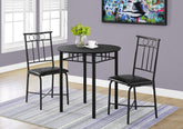 Dining Table Set, 3pcs Set, Small, 30" Round, Kitchen, Black Metal And Laminate, Leather Look, Contemporary, Modern